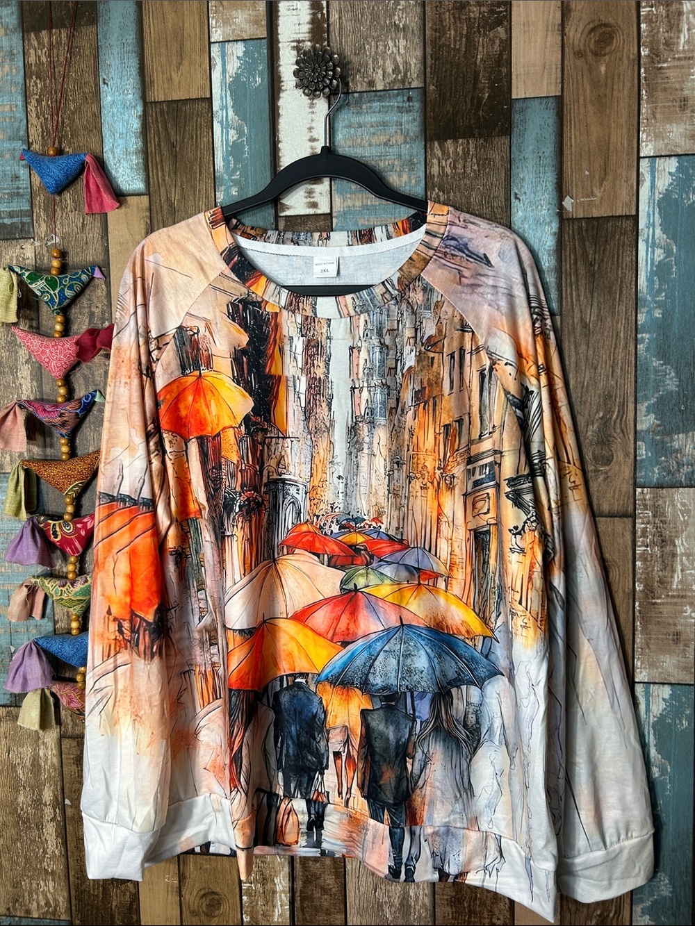 Umbrella-Print Long Sleeve Women's Top - Orange Multi